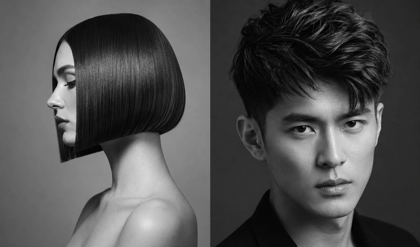 Black and white editorial portraits of Malaysian Chinese female and male salon hairstyles